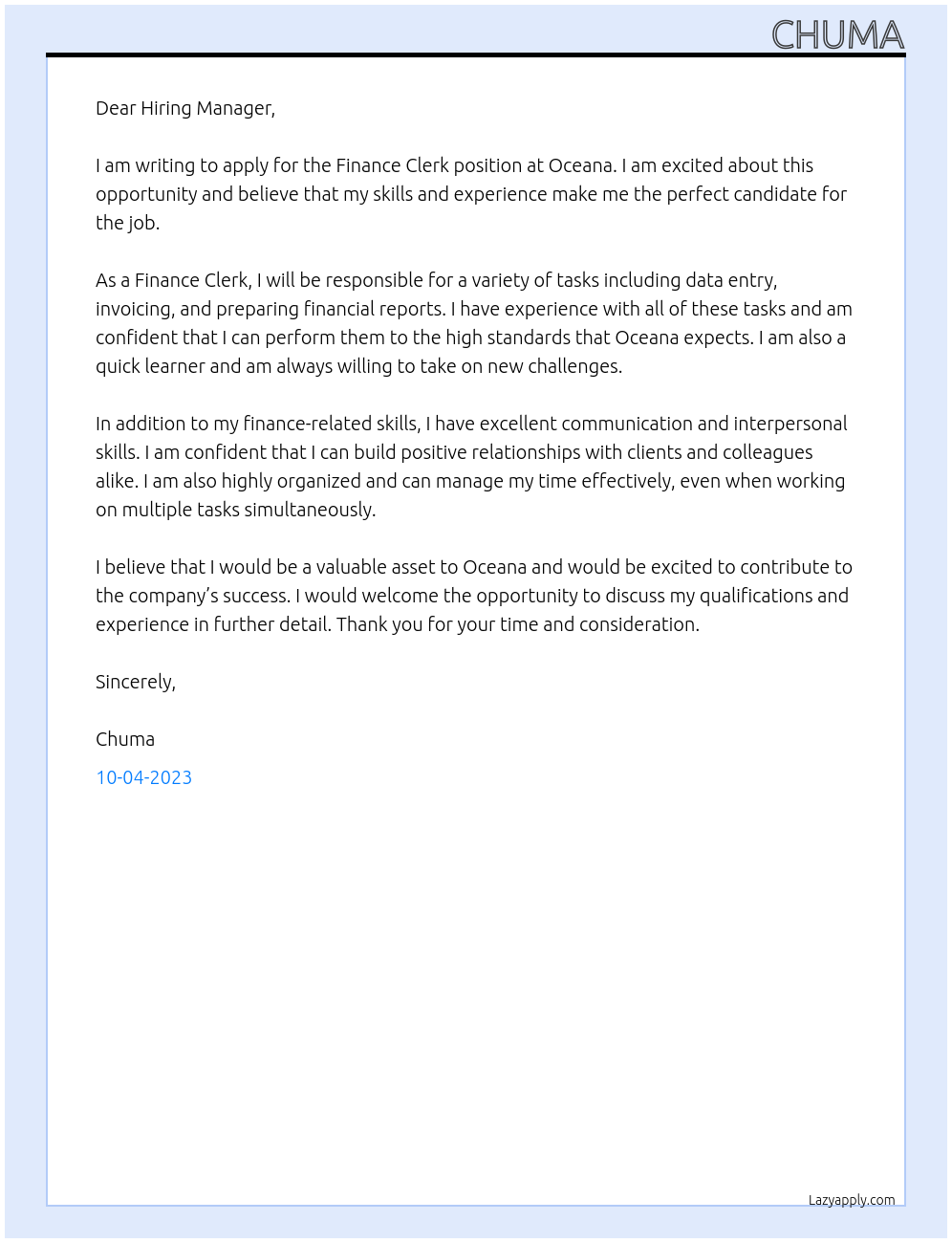 Finance Clerk At Oceana Cover Letter