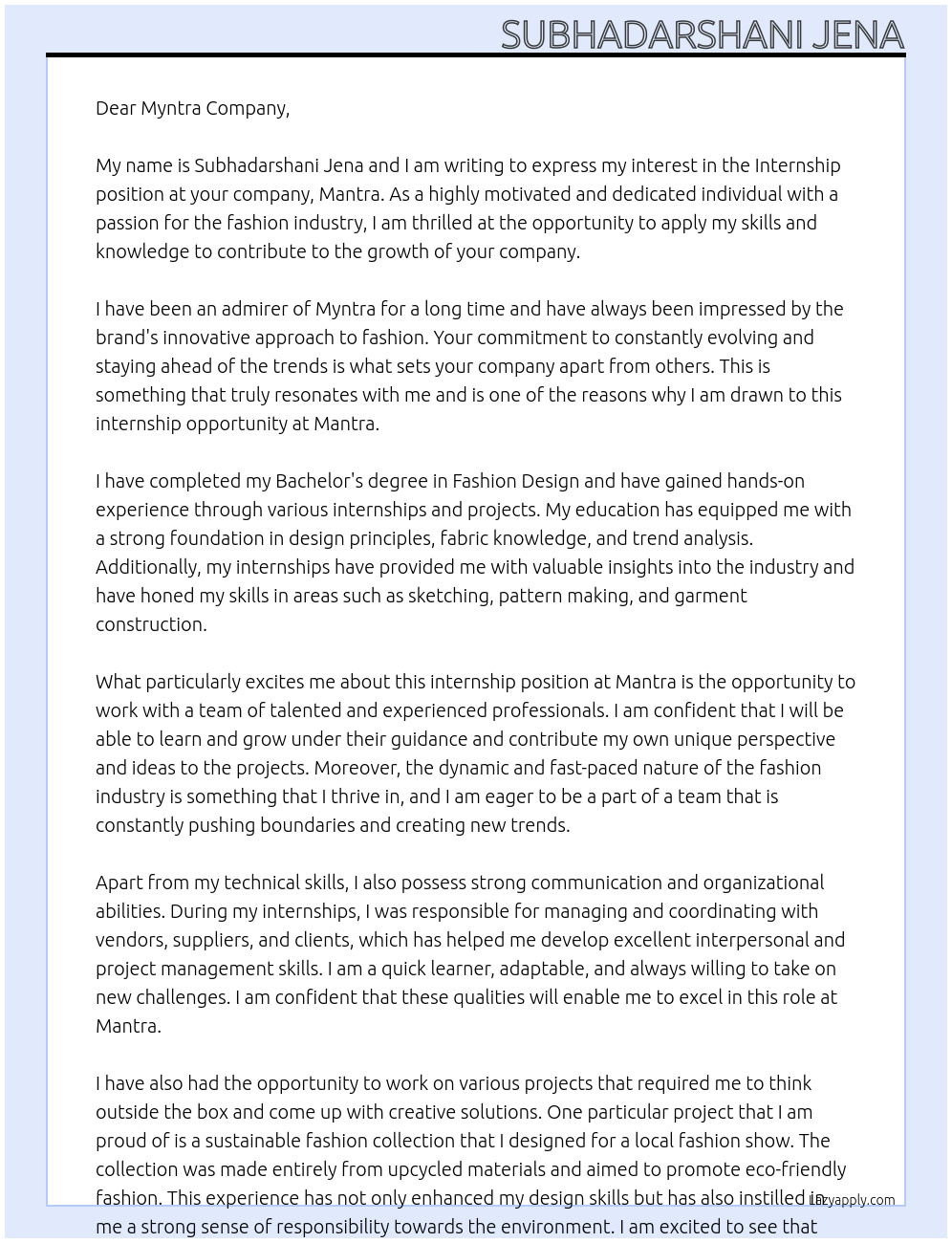 Intership At Mantra Cover Letter