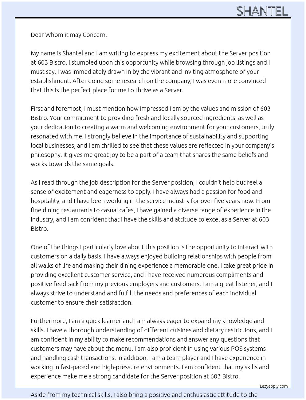 Server At 603 Bistro Cover Letter