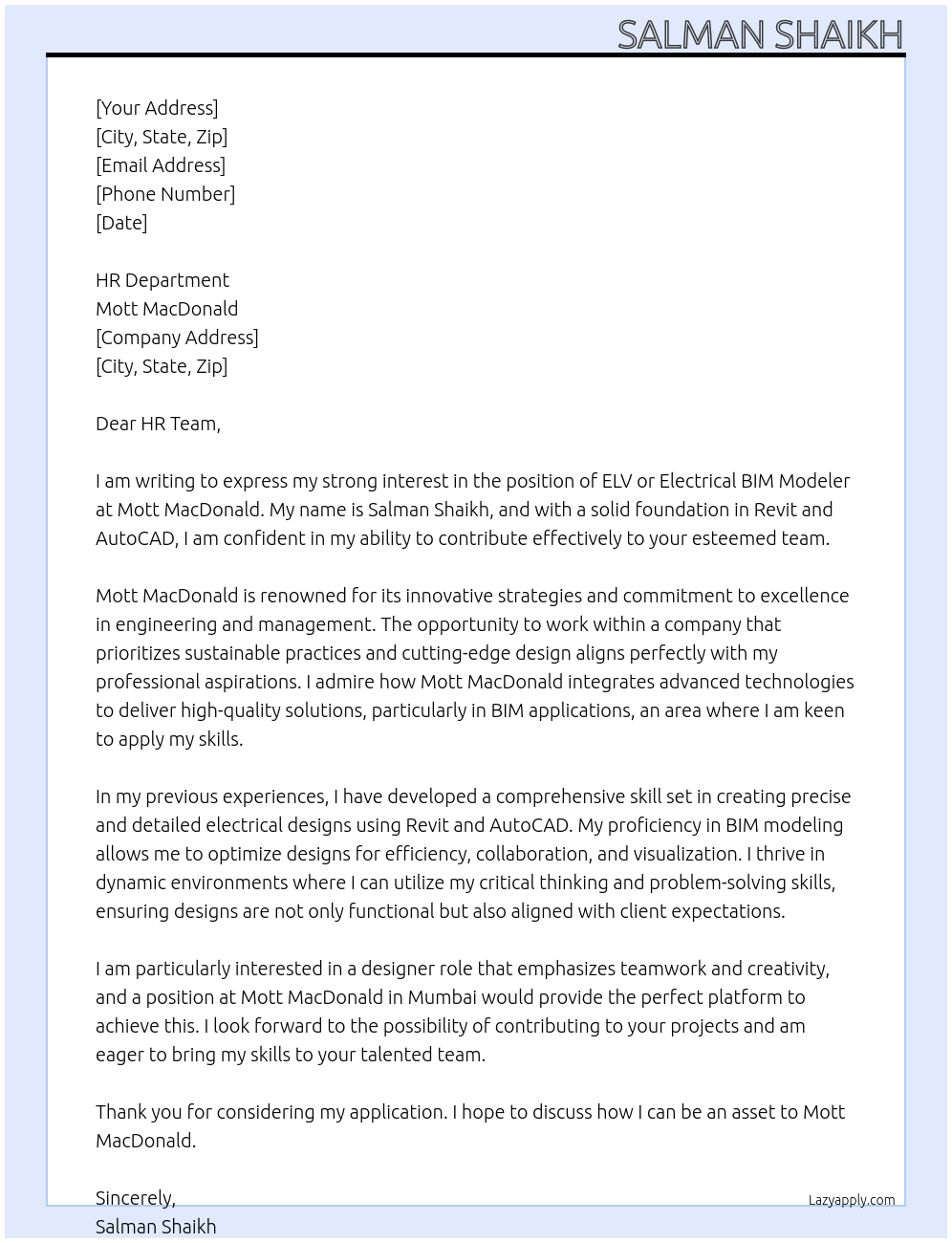 elv or electrical bim modeler At mott macdonald Cover Letter