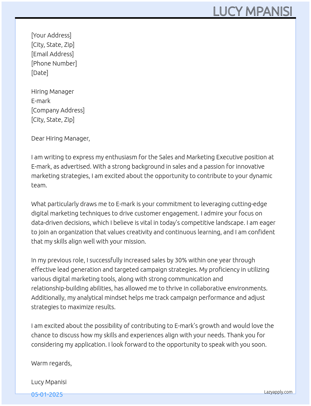 Sales and marketing executive  At E-mark Cover Letter