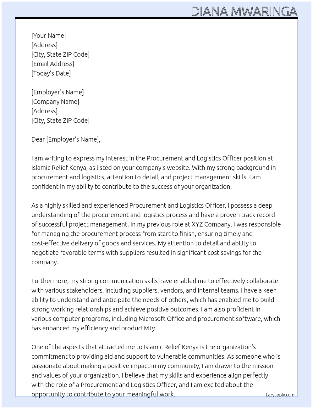 Procurement and Logistics Officer At Islamic Relief Kenya Cover Letter