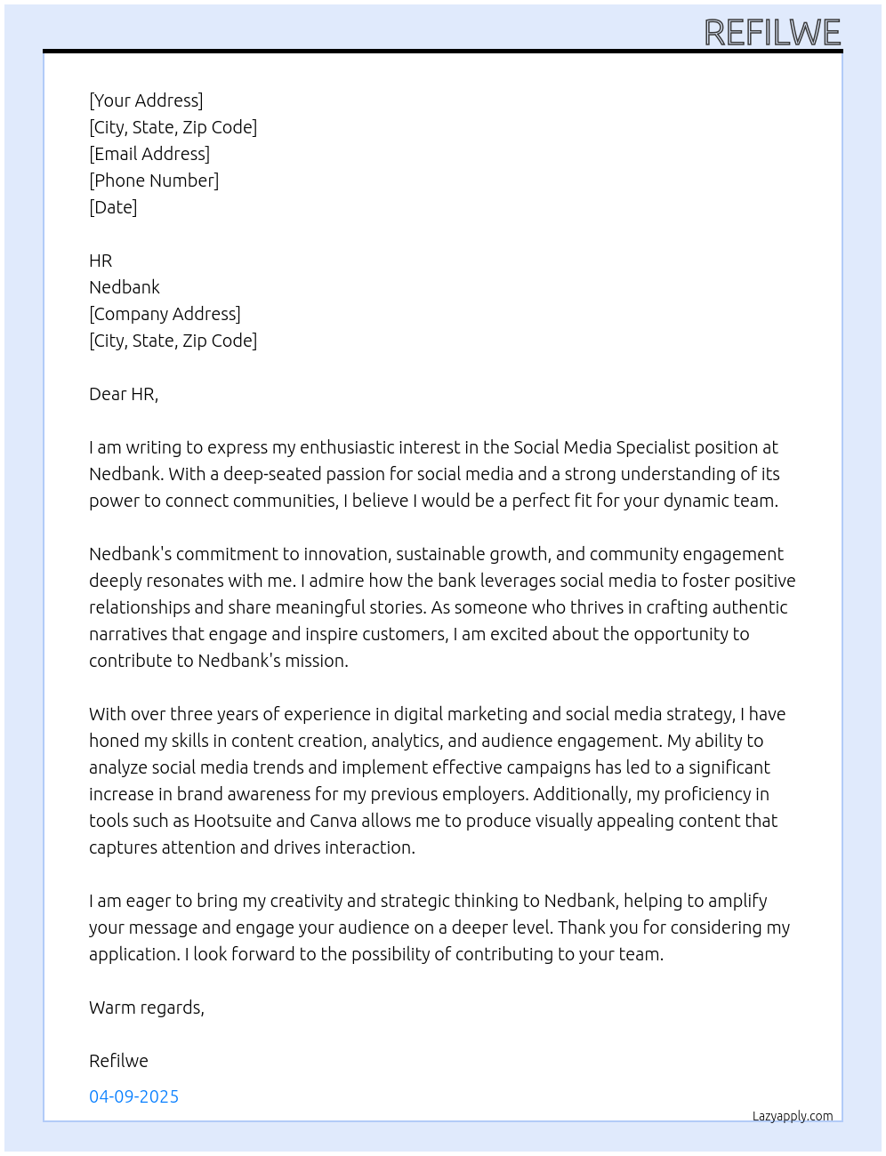 Social media specialist At Nedbank Cover Letter