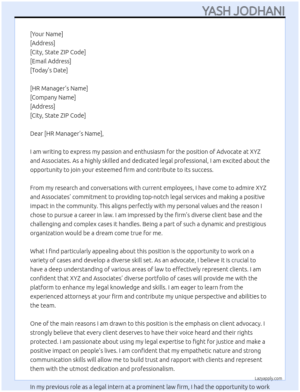 Advocate At XYZ and associates Cover Letter