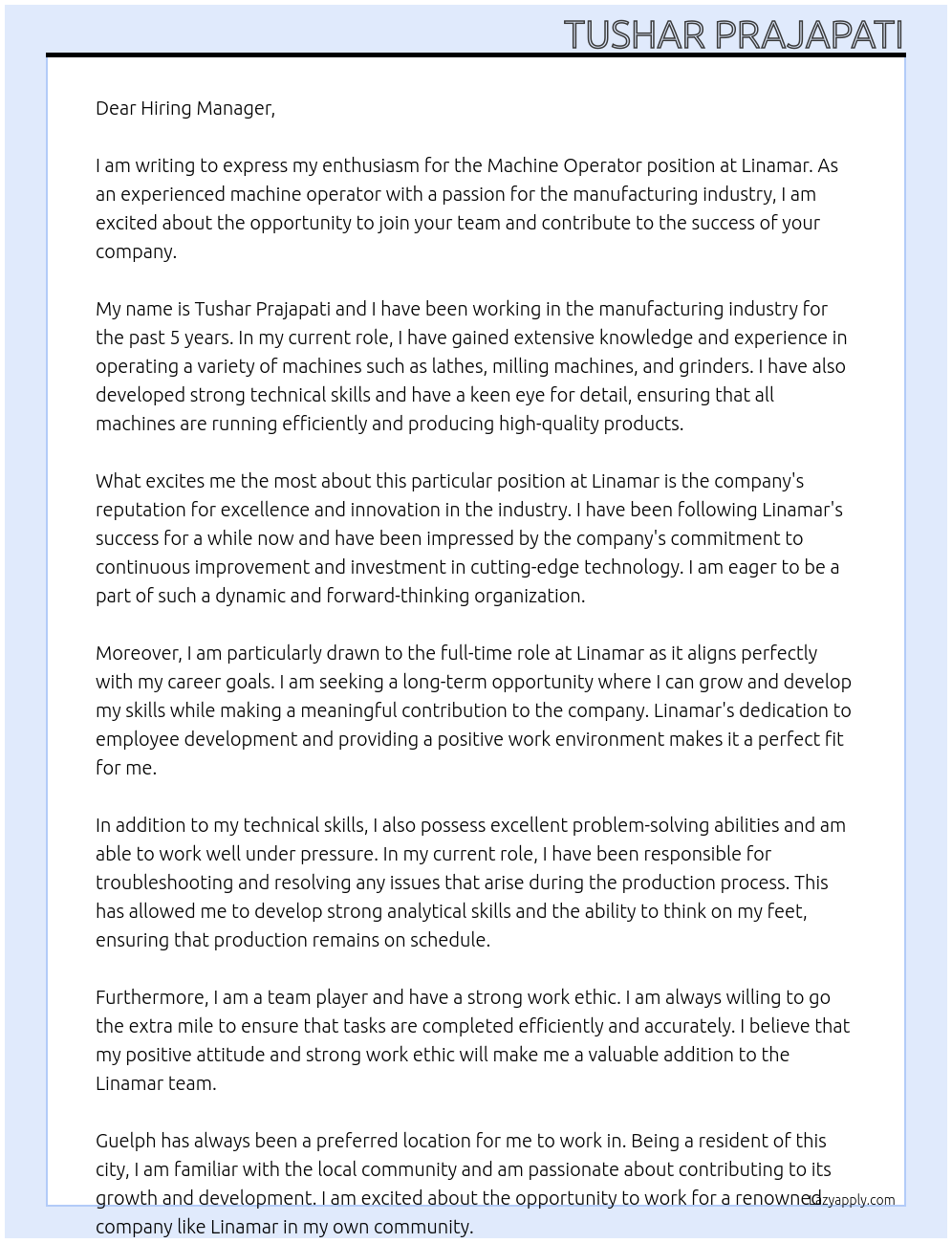 Machine Operator At Linamar Cover Letter