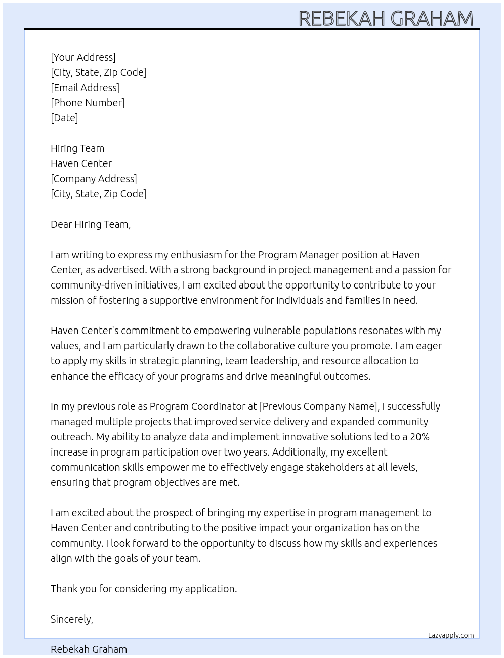 Program Manager At Haven Center Cover Letter