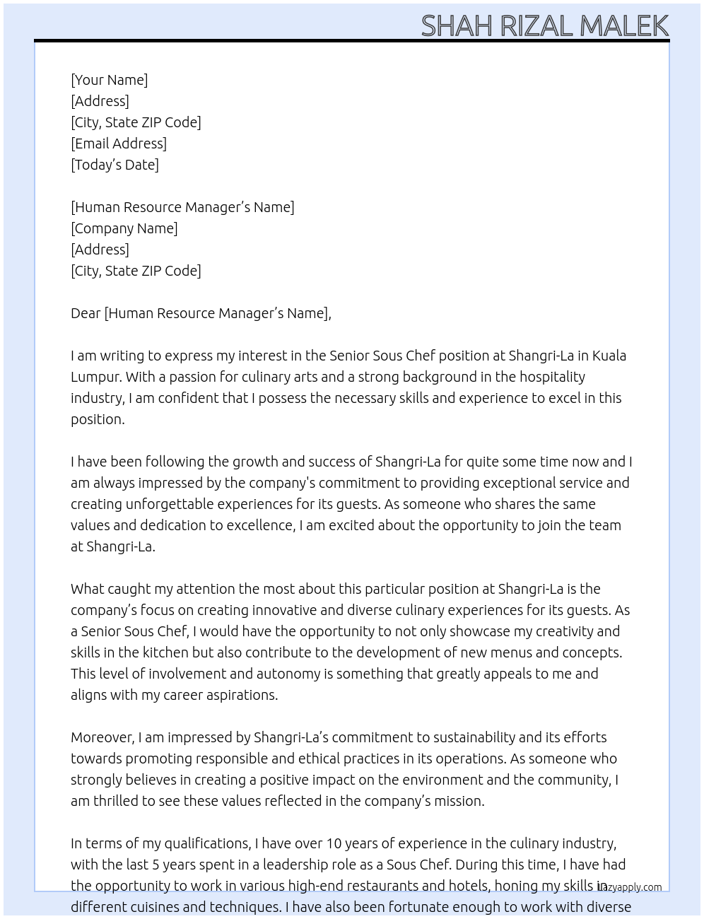 Senior Sous Chef At Shangri-La Cover Letter