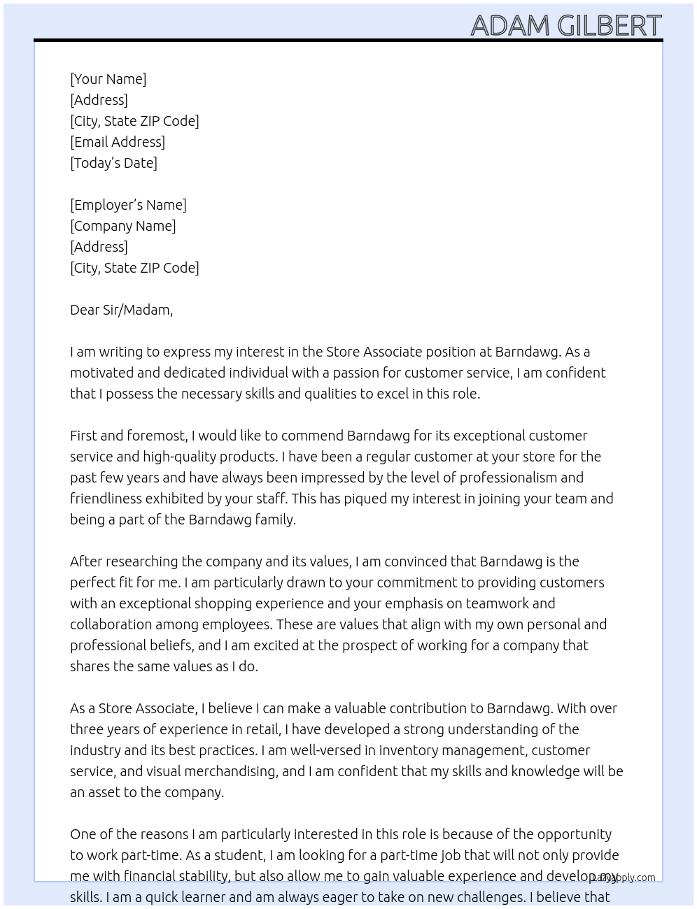 Store associate At Barndawg Cover Letter