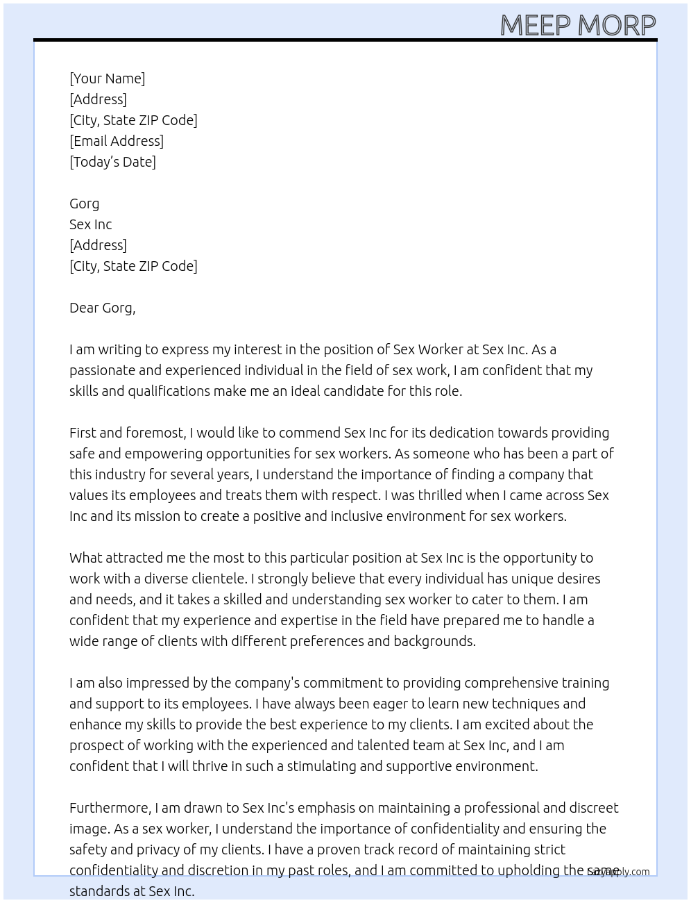 Sex worker At sex inc Cover Letter