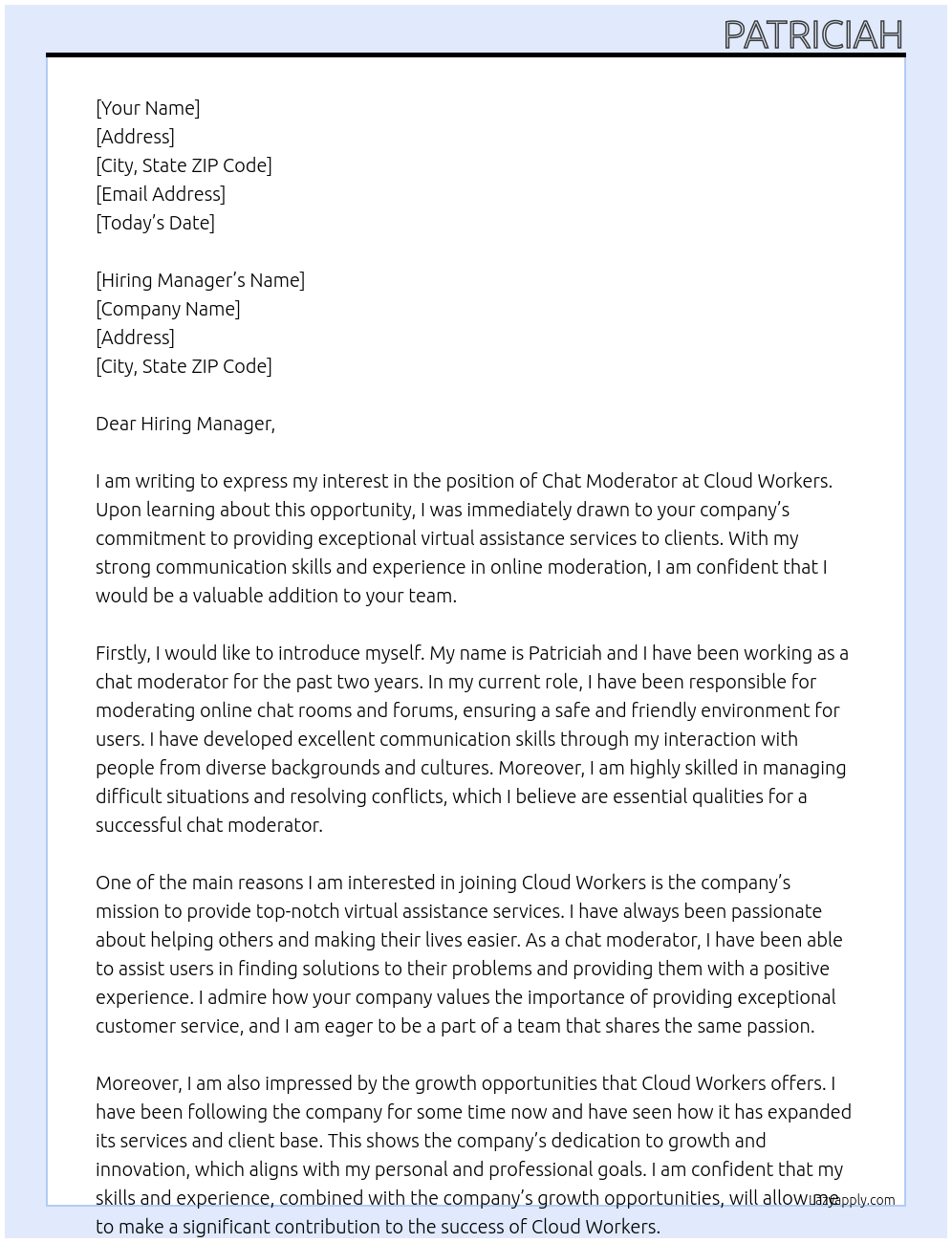 chat moderator At cloud workers Cover Letter