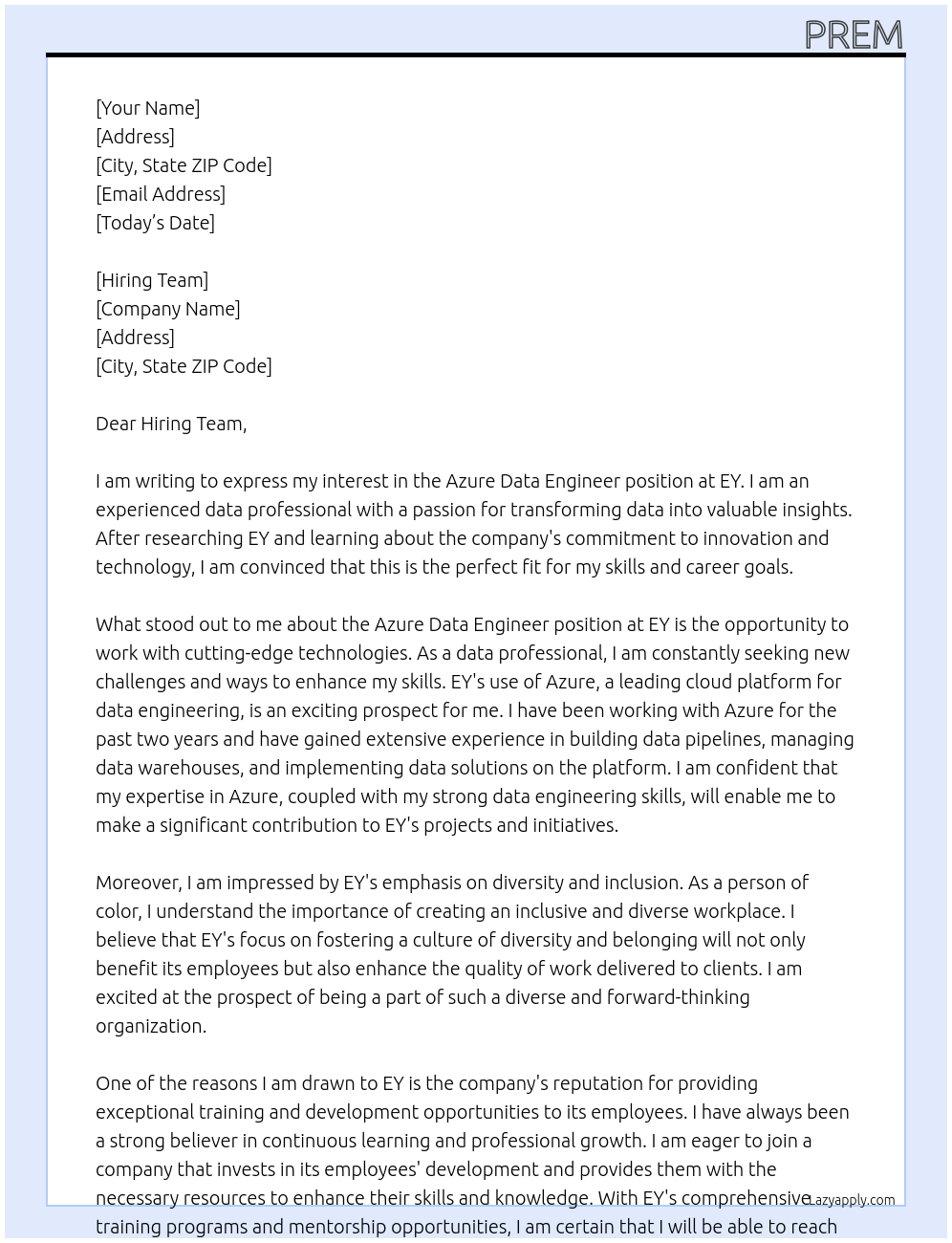 Azure Data Engineer At EY Cover Letter