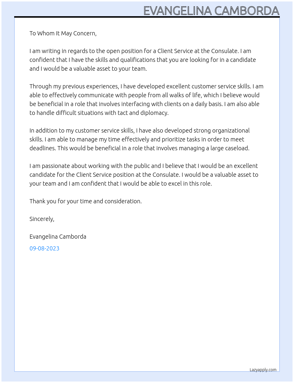 Client service At Consulate Cover Letter