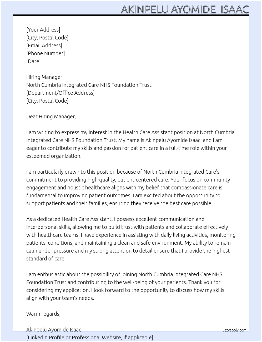 Health care assistant At North Cumbria Integrated Care NHS Foundation Trust Cover Letter