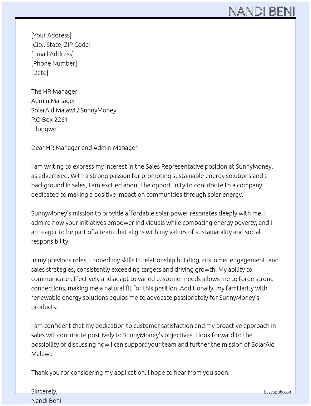 Cover letter for sales representative - LazyApply