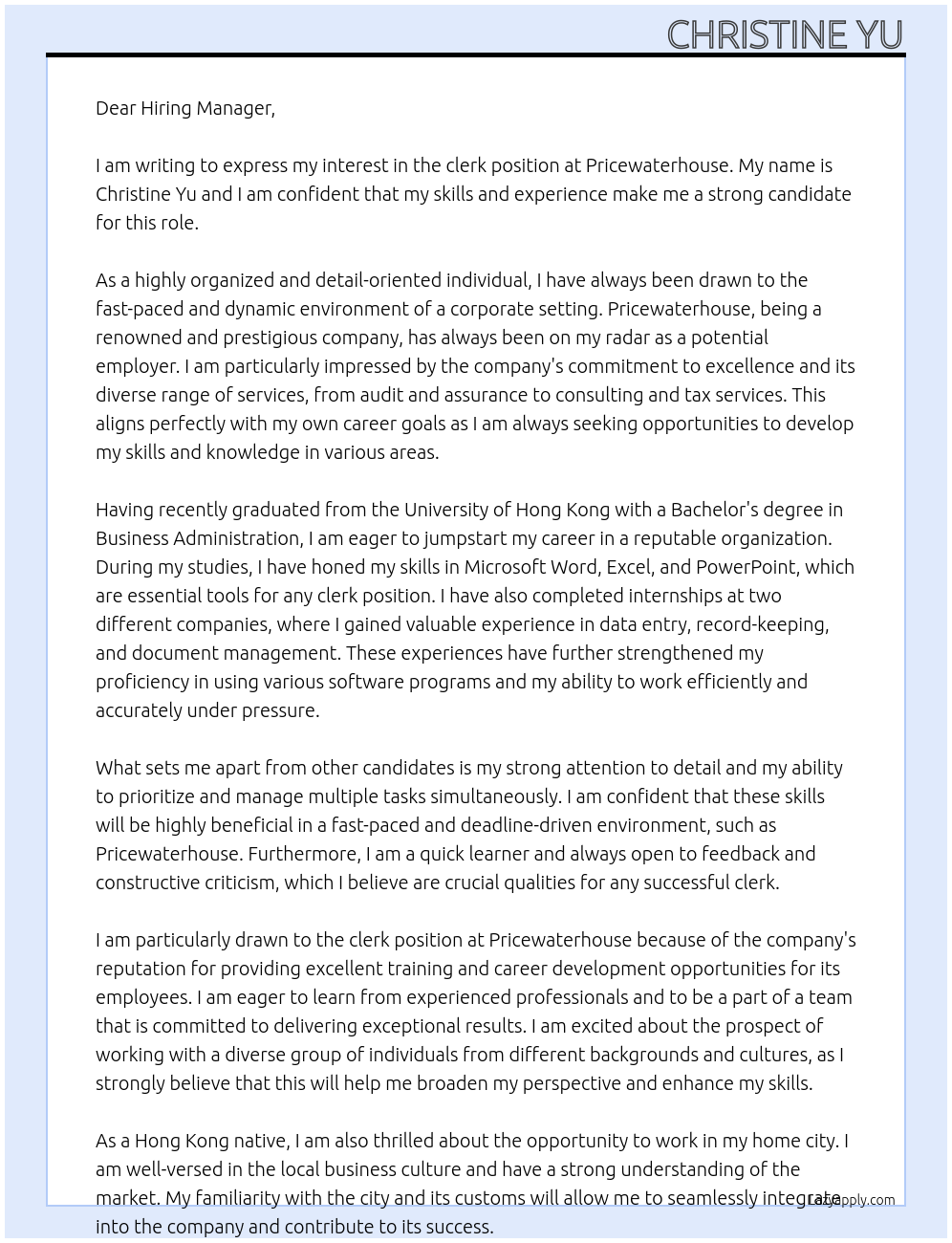 clerk At pricewaterhouse Cover Letter