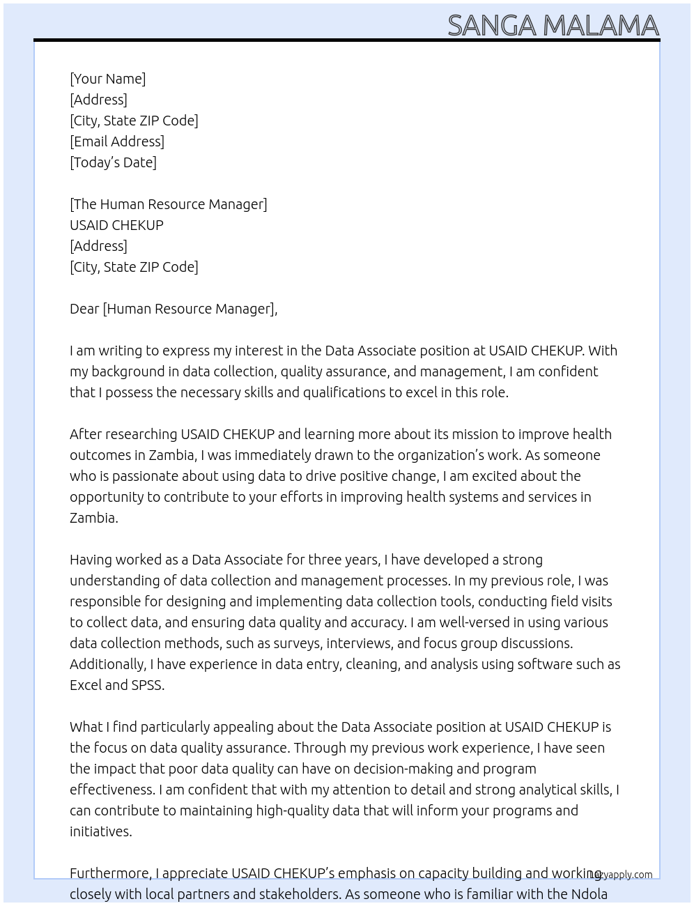 Data Associate At USAID CHEKUP Cover Letter