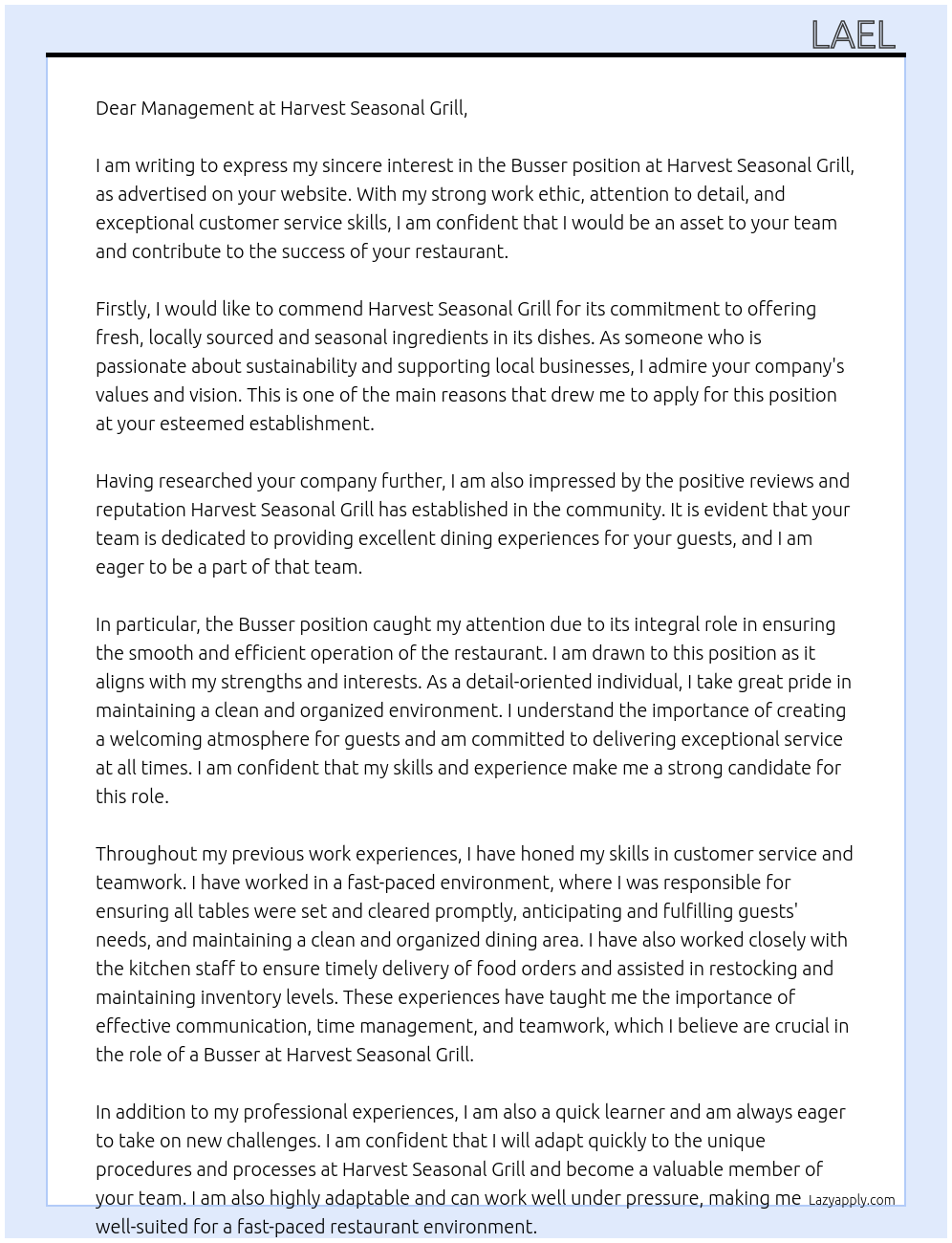 Busser At Harvest seasonal grill Cover Letter