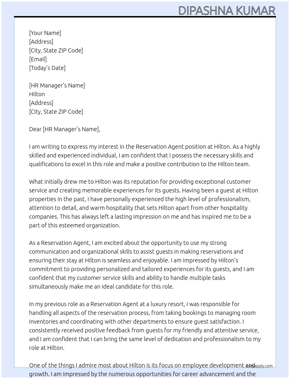 Reservation agent  At Hilton  Cover Letter