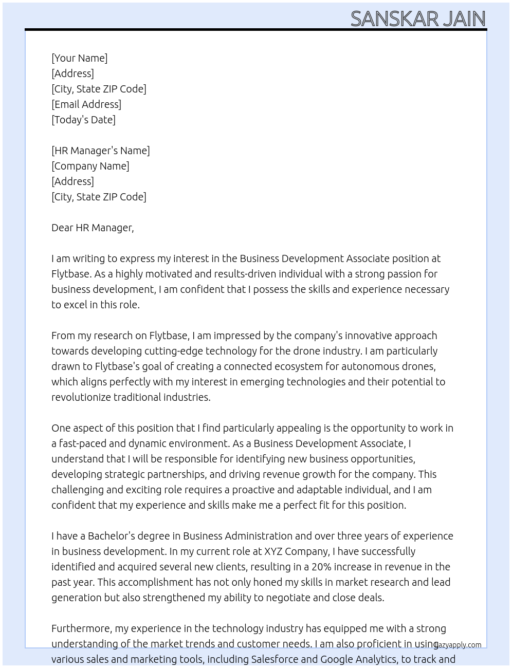 Business Development Associate At Flytbase Cover Letter
