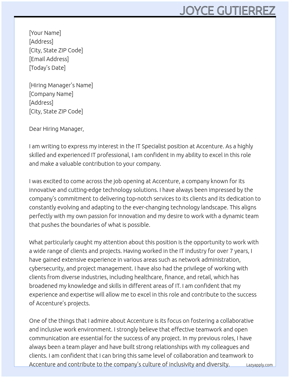 IT Specialist At Accenture Cover Letter