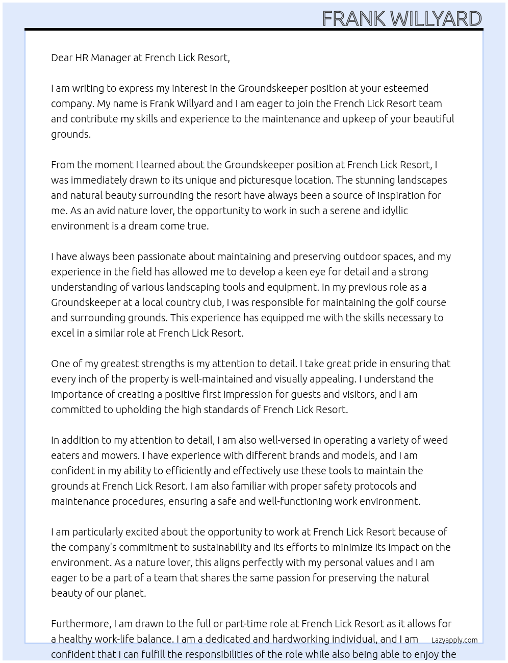 Groundskeeper  At French Lick Resort Cover Letter