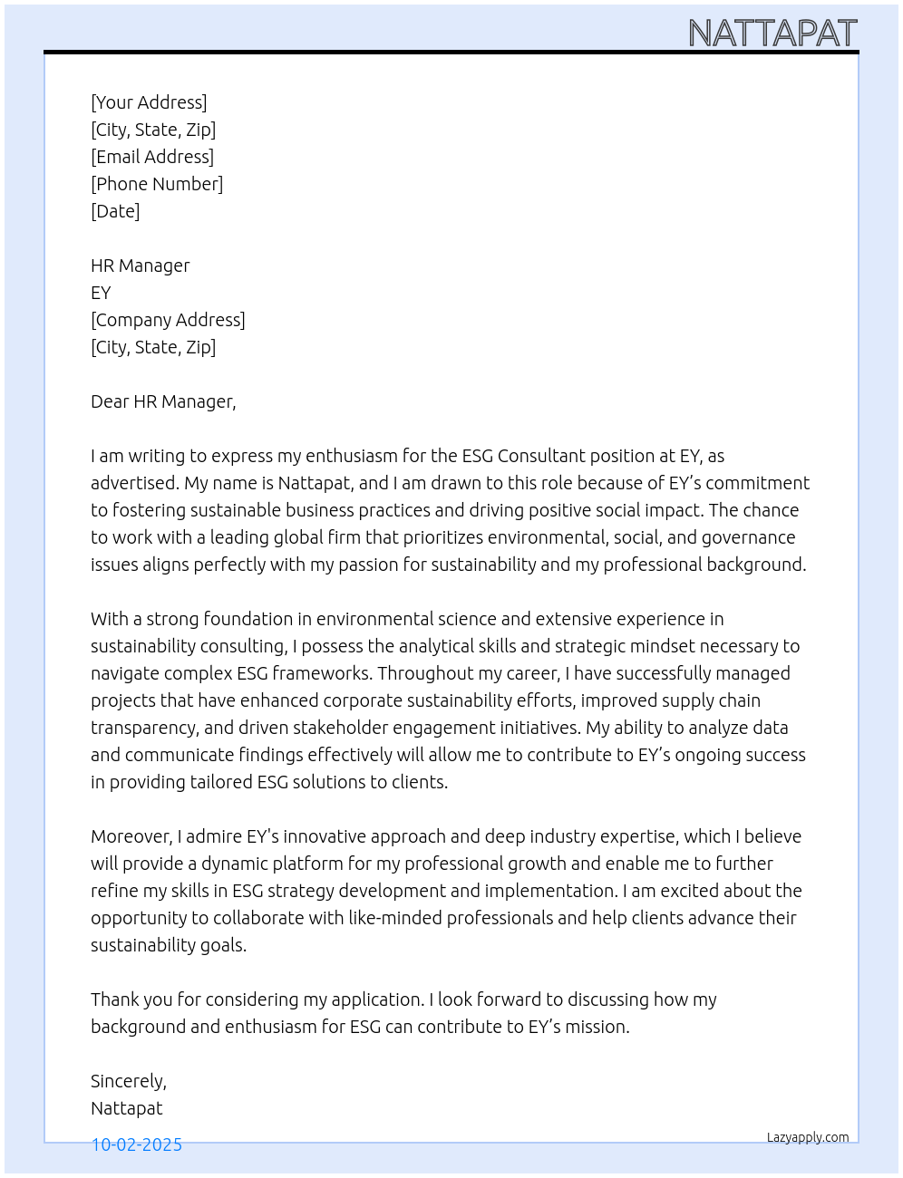 ESG consultant At EY Cover Letter