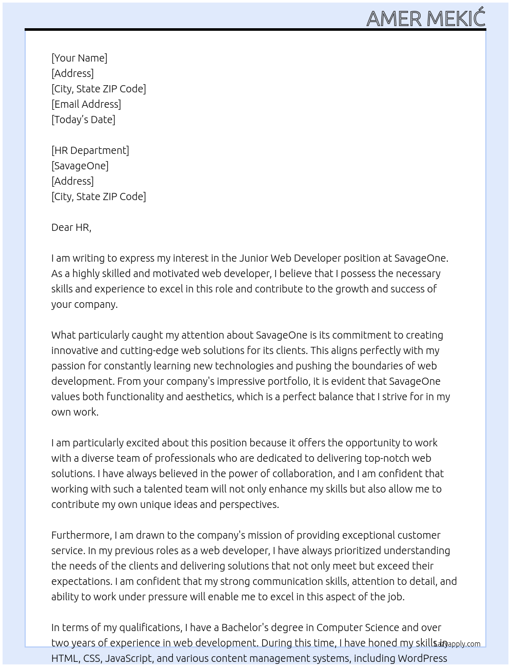 Junior Web Developer At SavageOne Cover Letter
