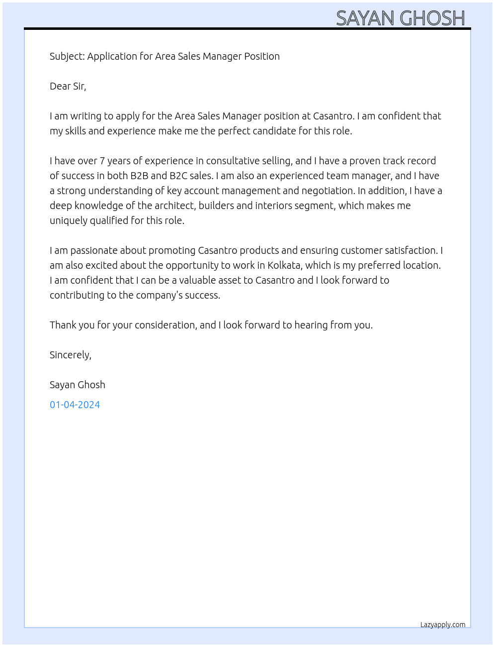 Area Sales Manager At Casantro Cover Letter