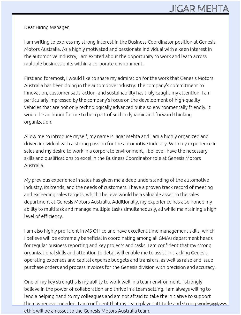 Business Coordinator  At Genesis Motors Australia Cover Letter