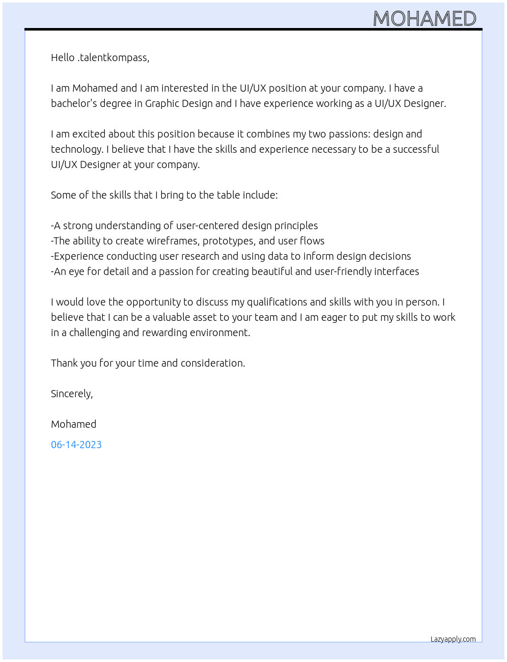 ui/ux  At .talentkompass Cover Letter