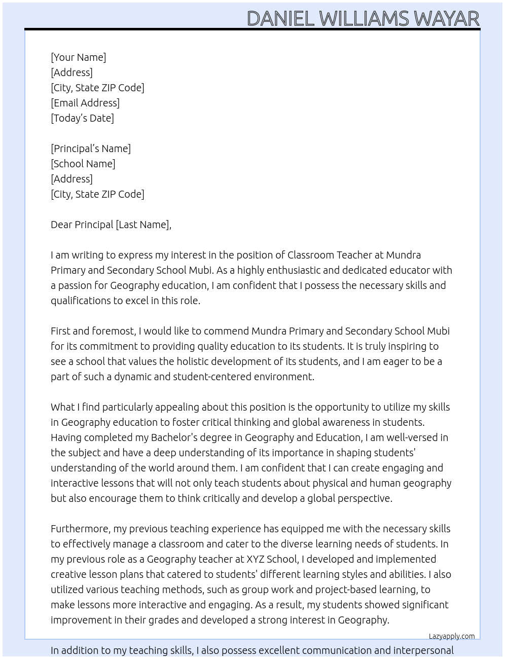 Classroom teacher At mundra primary and secondary school mubi Cover Letter