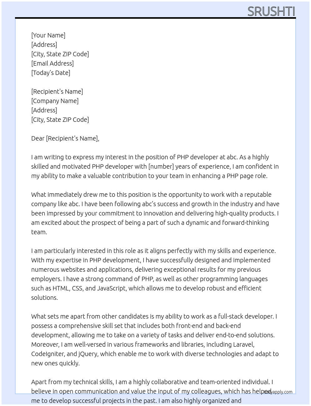 PHP developer At abc Cover Letter