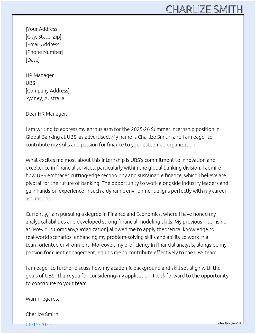 2025-26 Summer Internship - Global Banking - Sydney At UBS Cover Letter