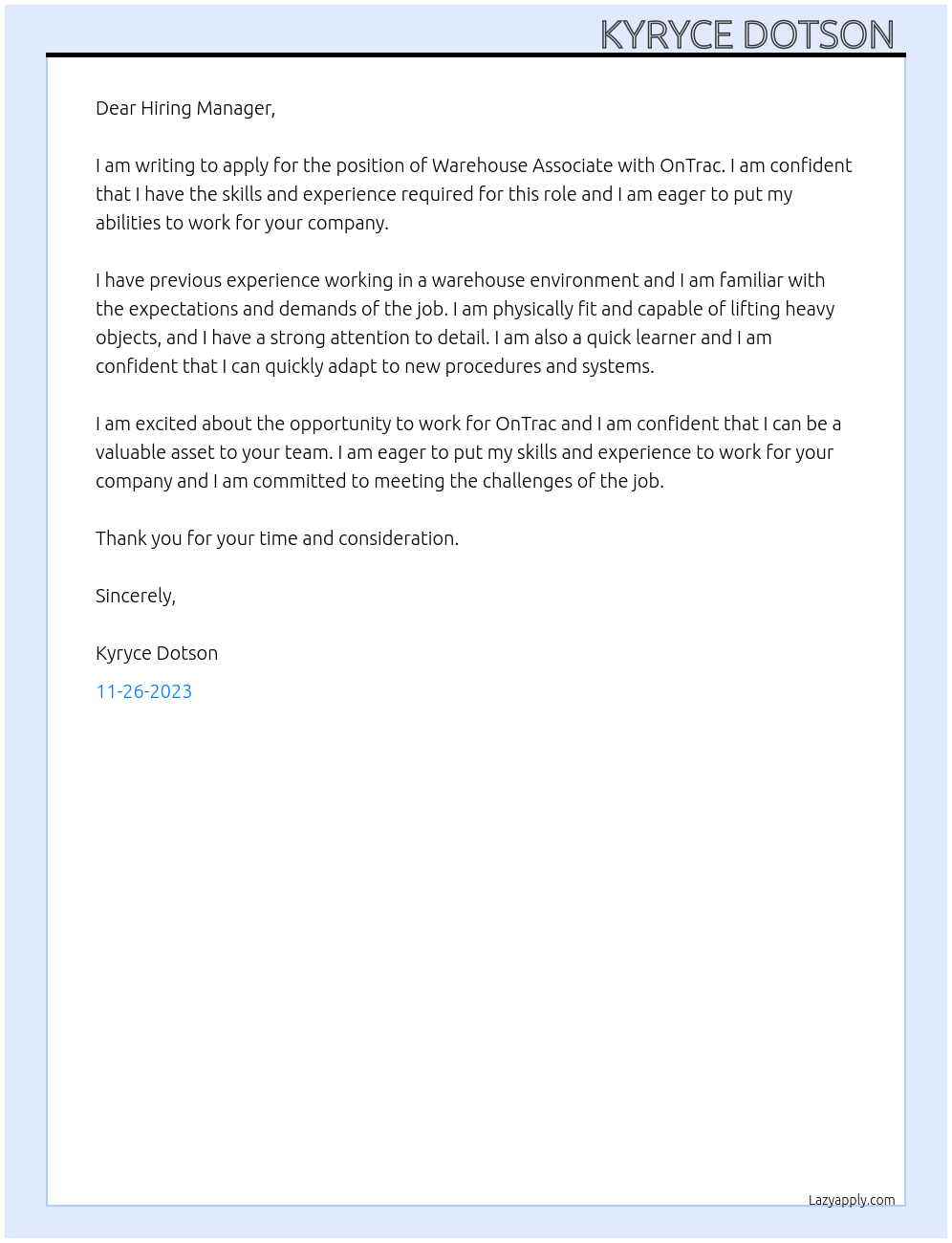 Warehouse associate  At OnTrac Cover Letter