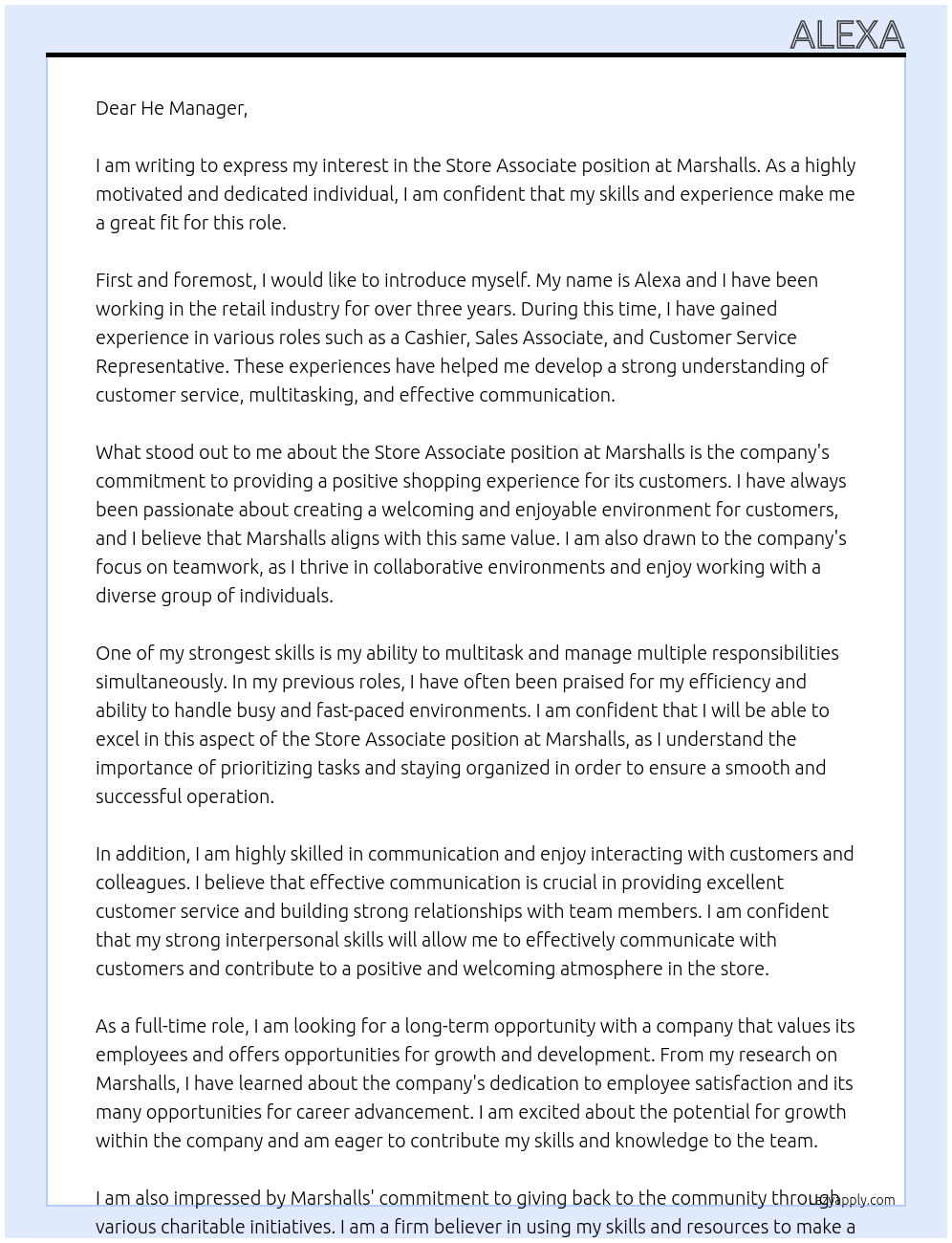 Store associate At Marshalls Cover Letter