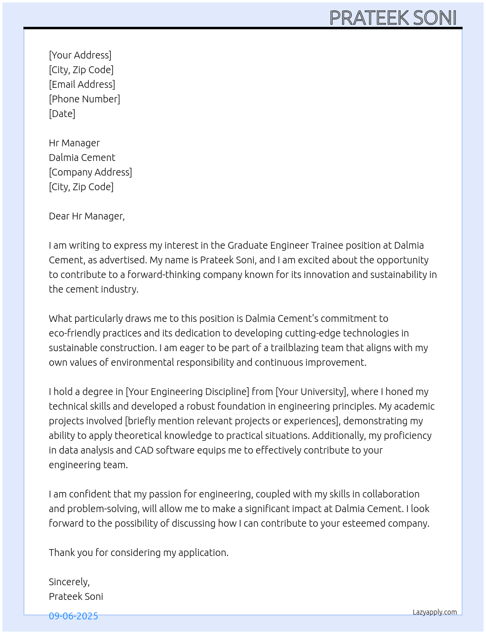 Graduate engineer trainee At Dalmia cement Cover Letter