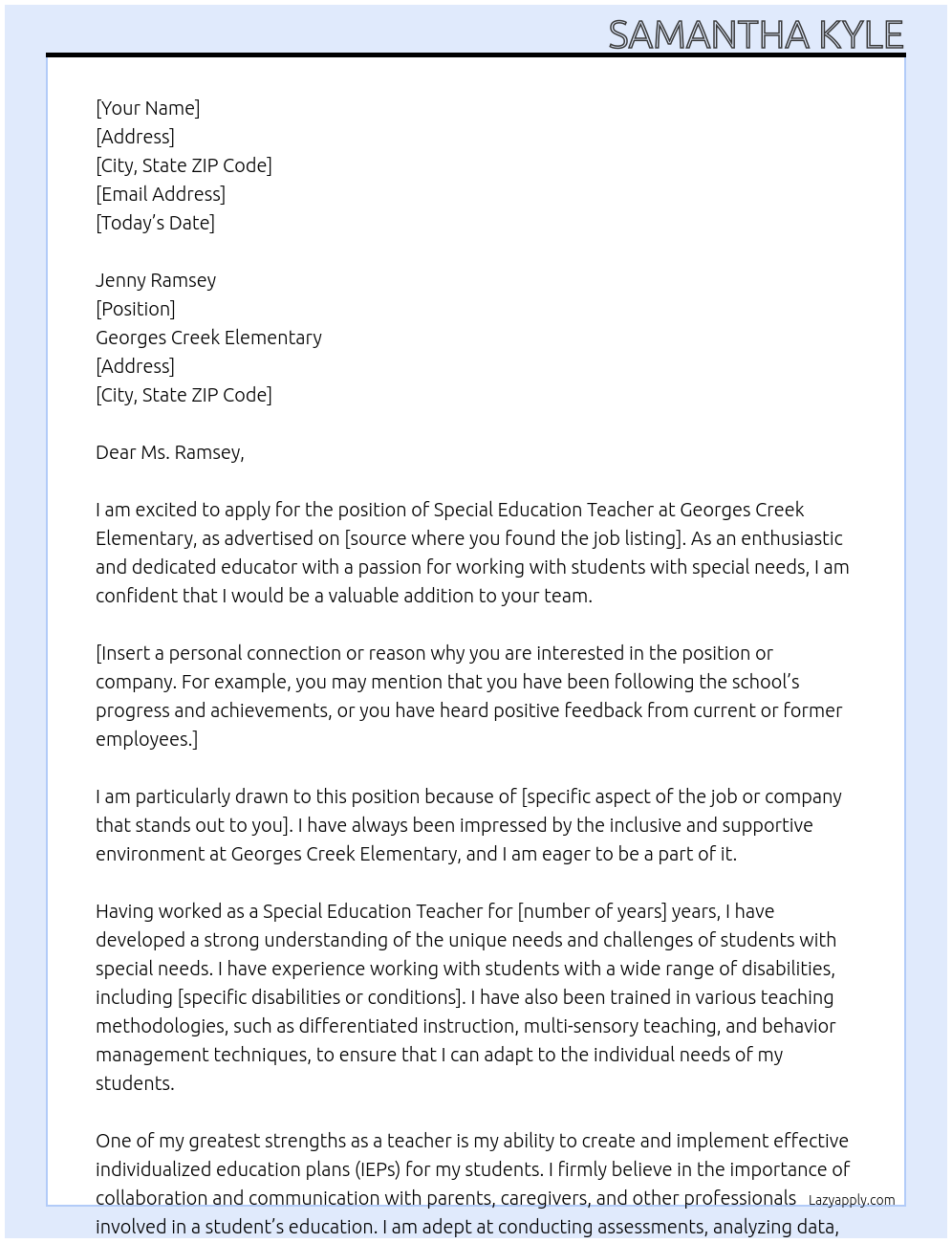 Special Education Teacher At Georges Creek Elementary Cover Letter