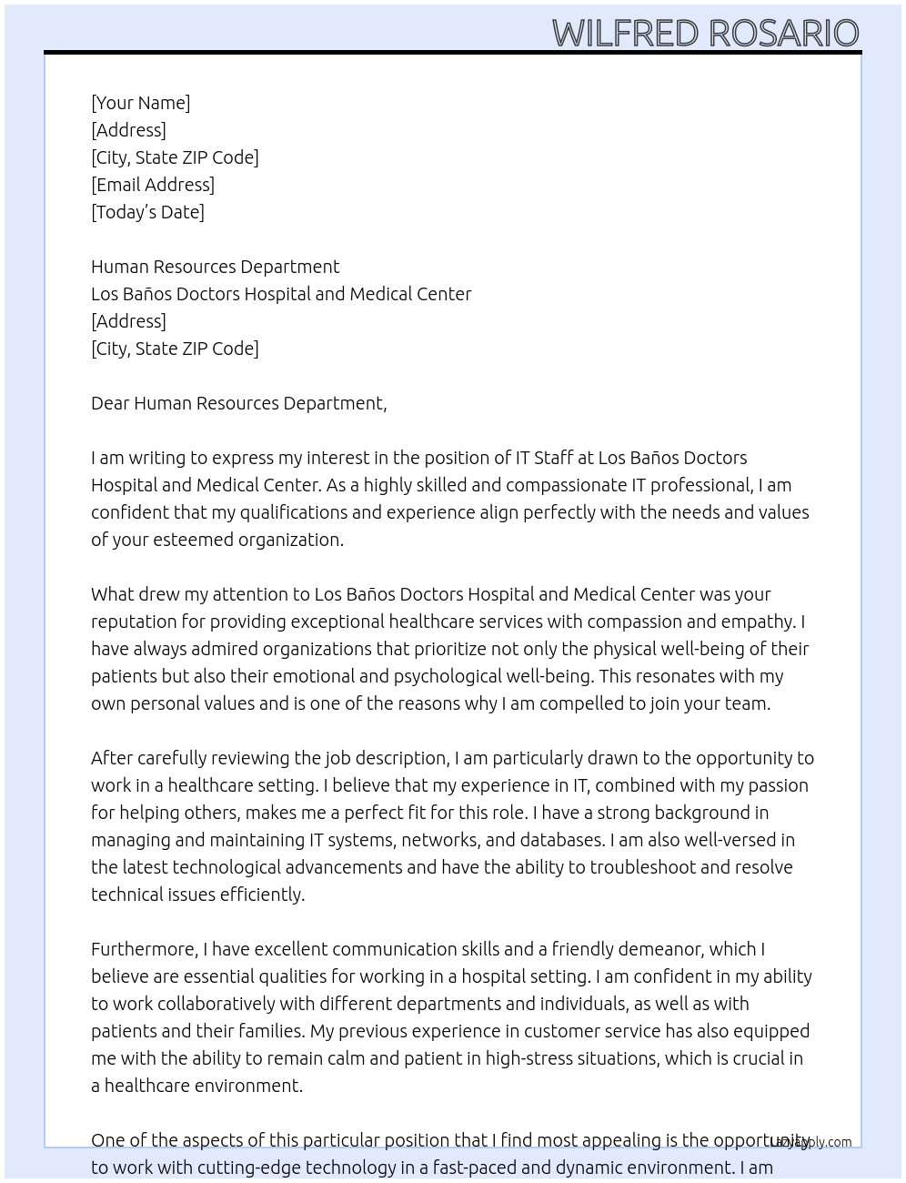 IT Staff At Los Baños Doctors Hospital and Medical Center Cover Letter