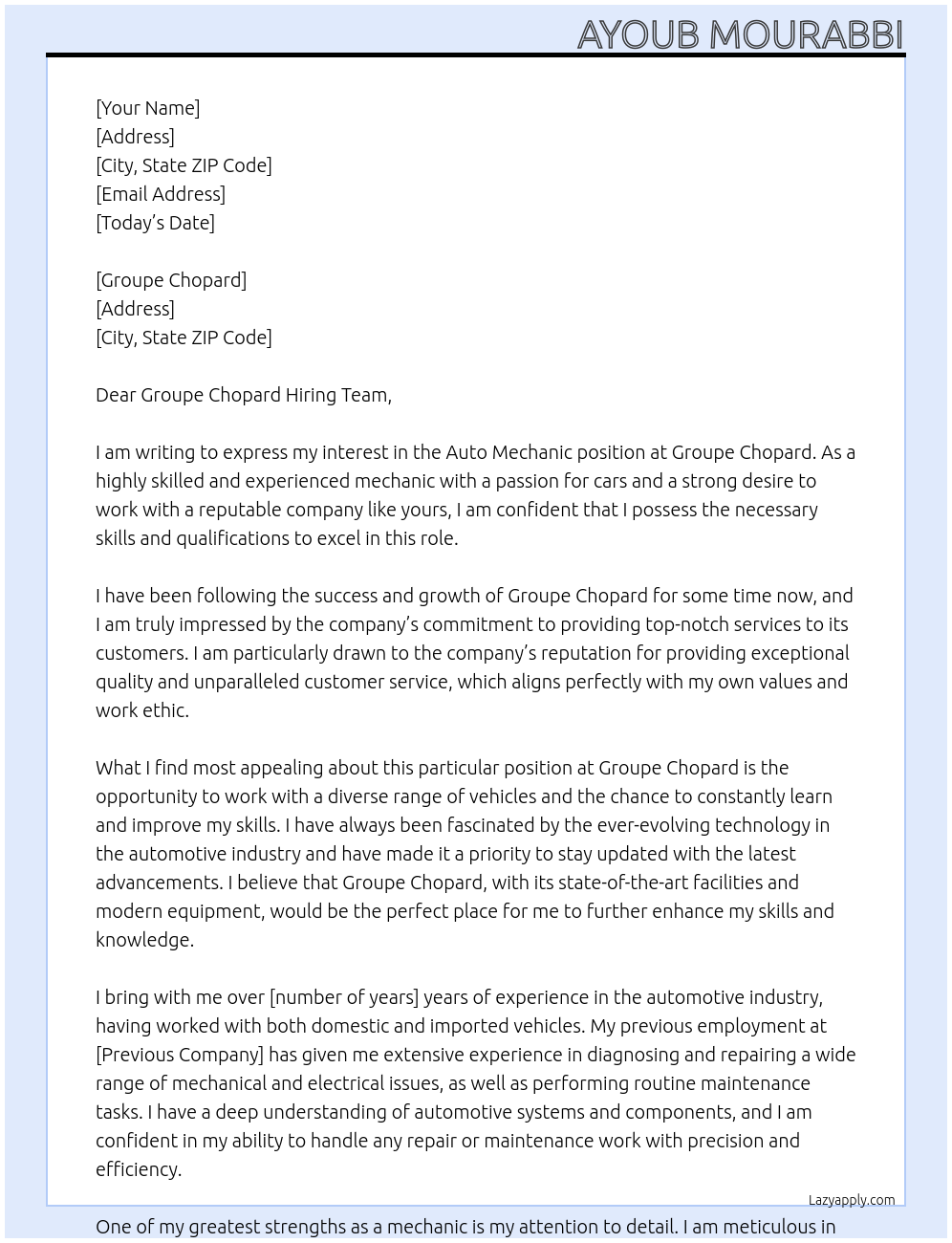 Auto mechanic At Groupe Chopard Cover Letter