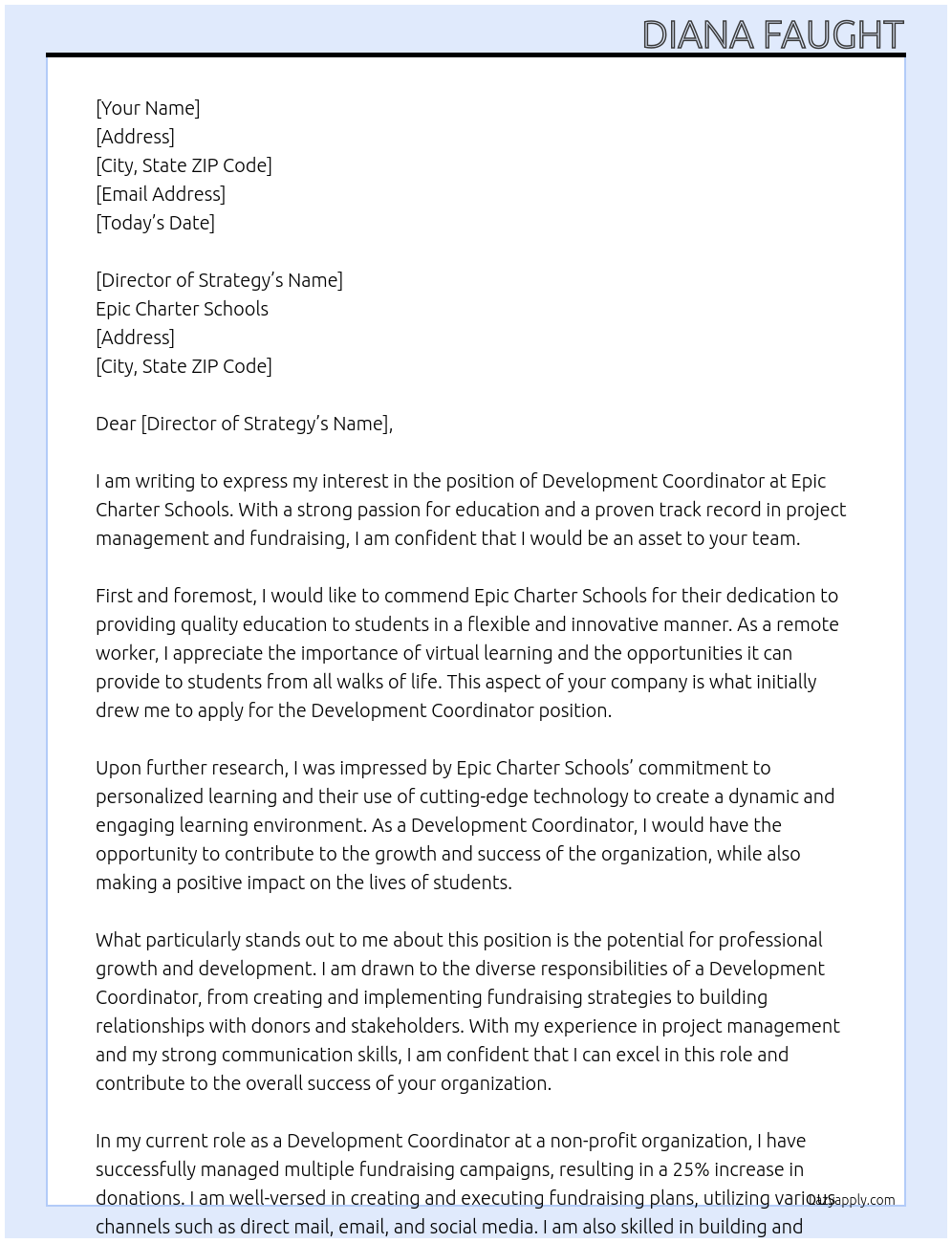development coordinator At Epic Charter Schools Cover Letter