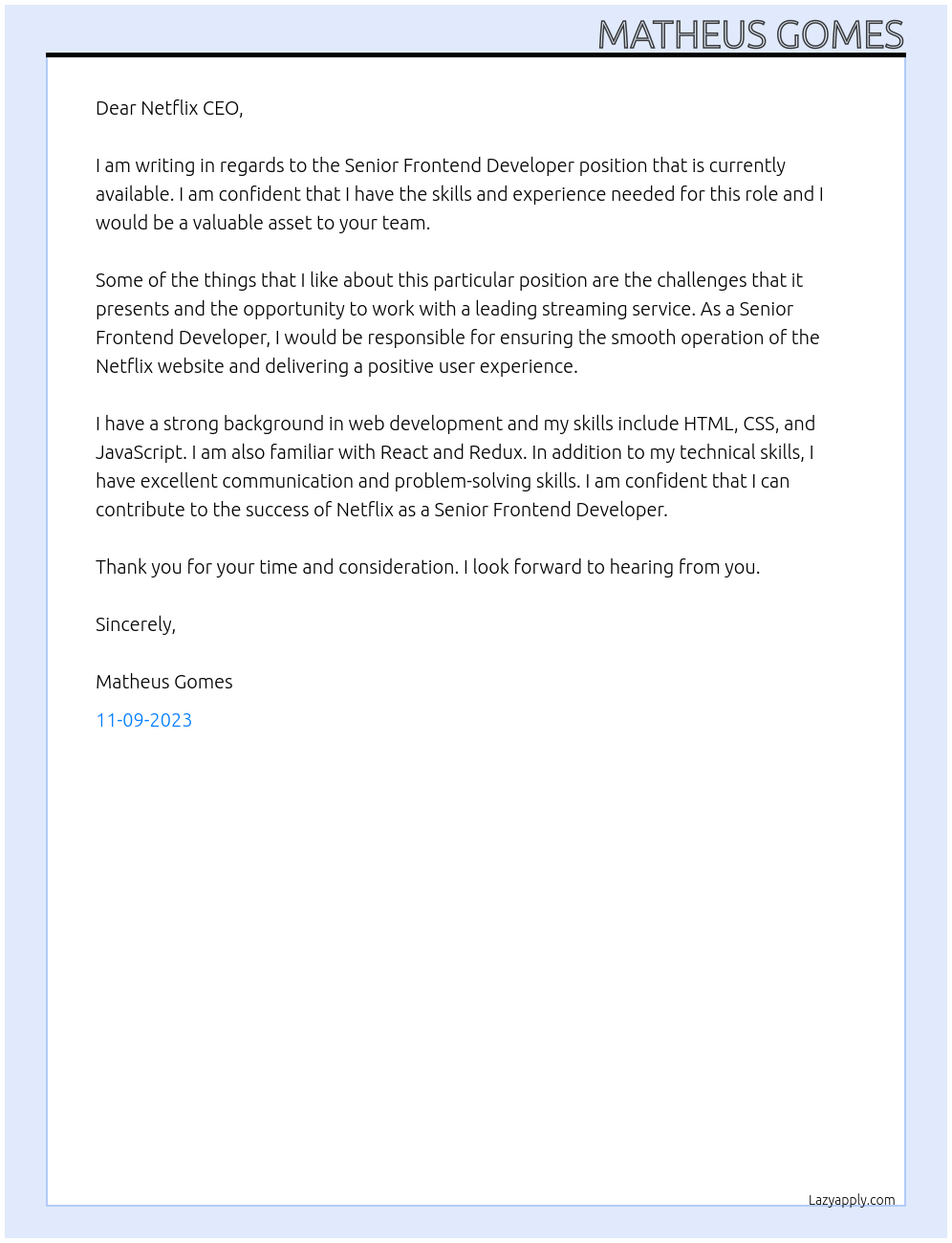 Senior Frontend Developer At Netflix Cover Letter