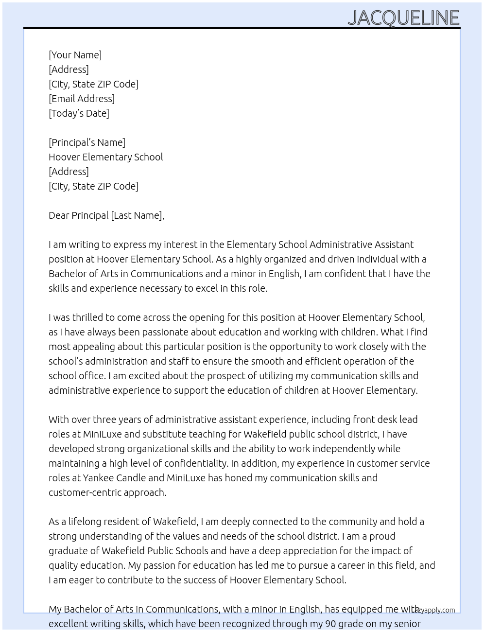 Cover letter for elementary school administrative assistant - LazyApply