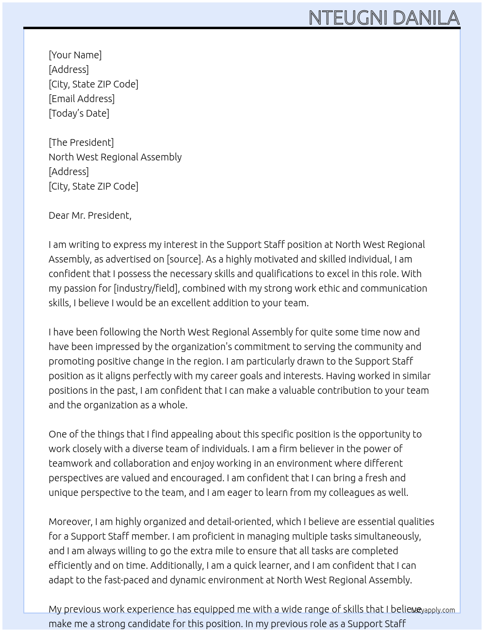 Support Staff At North West Regional Assembly Cover Letter