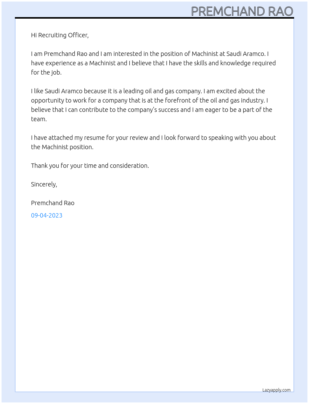 Machinist  At Saudi aramco Cover Letter