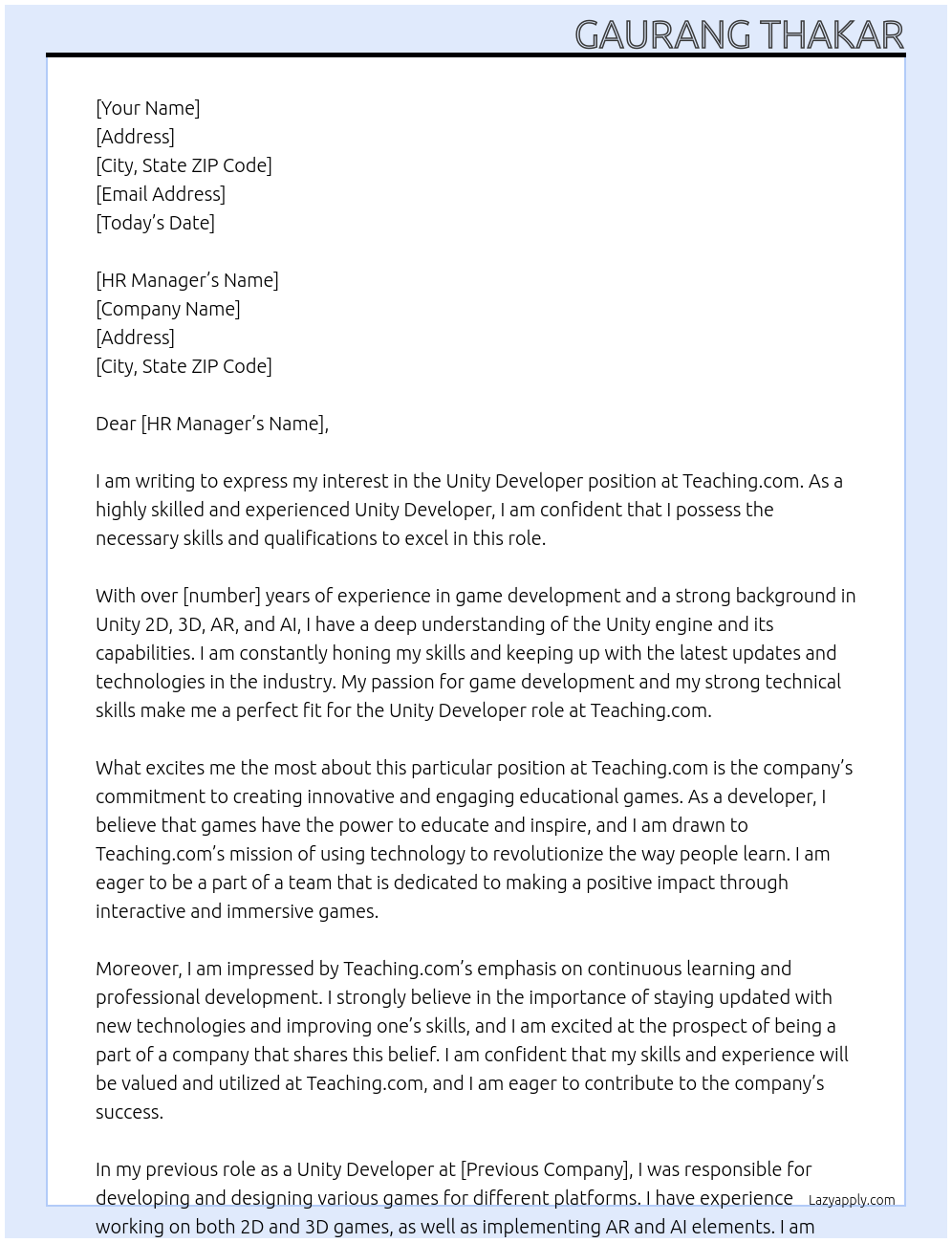 Unity Developer At Teaching.com Cover Letter