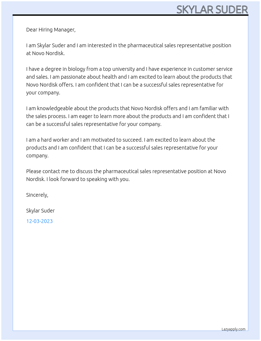 Pharmaceutical Sales Representative At Novo Nordisk Cover Letter