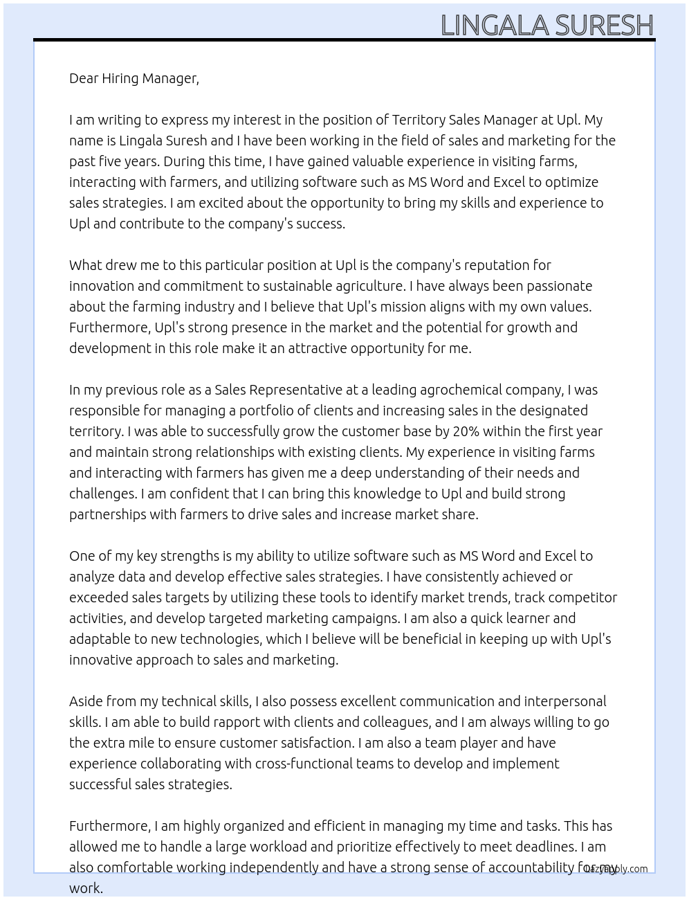 Territory sales manager At Upl Cover Letter