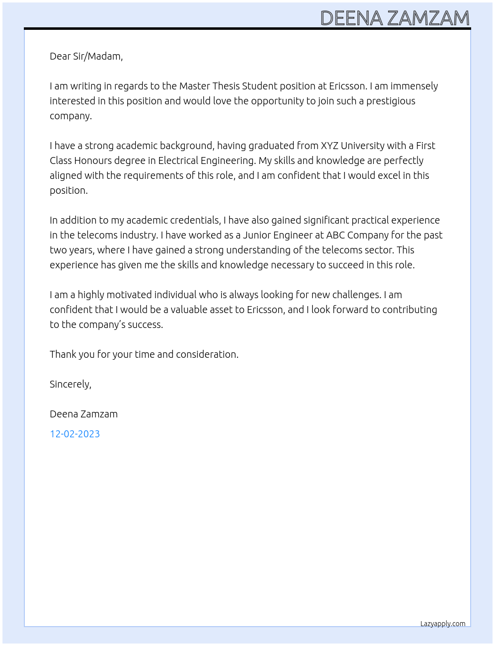 Master Thesis Student At Ericsson Cover Letter