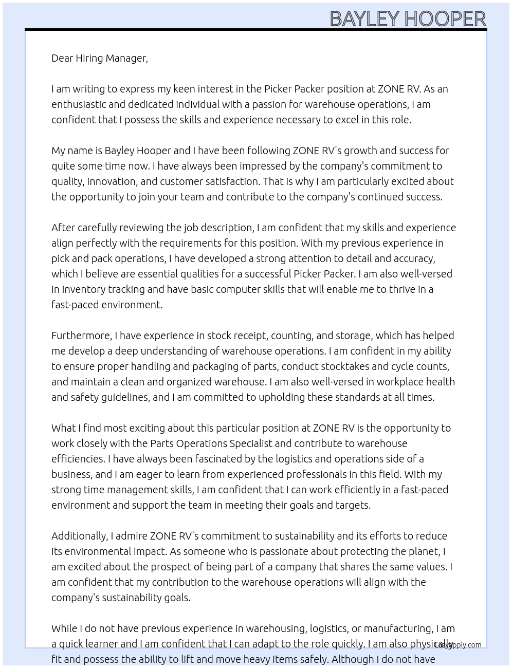 Cover letter for picker packer - LazyApply