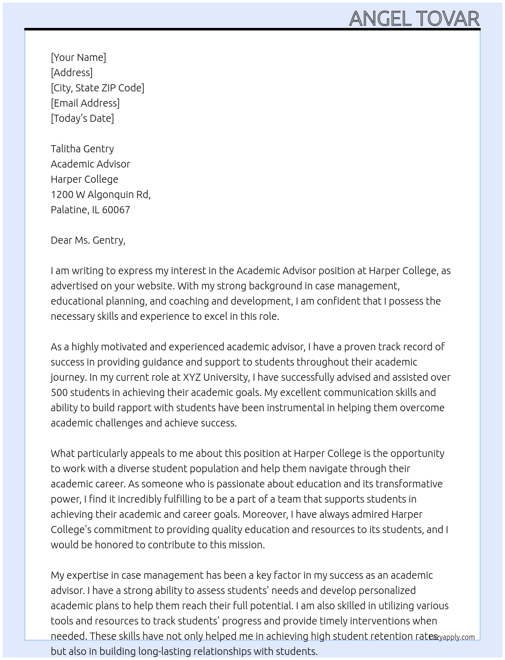 Academic Advisor At Harper College Cover Letter